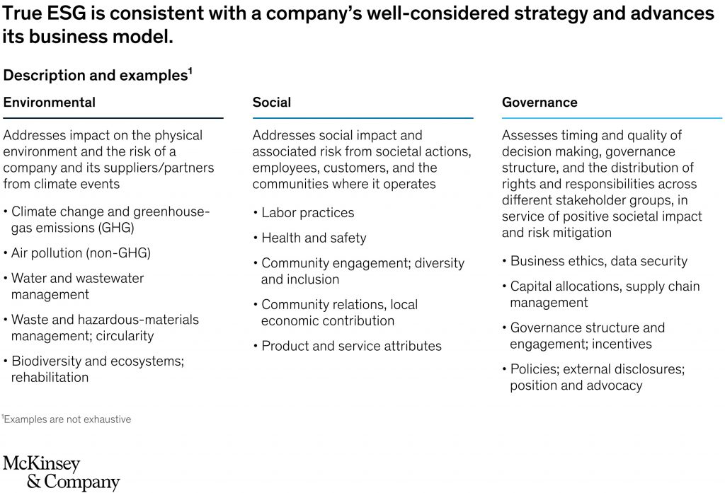 Gráfico sobre las implicaciones de los criterios ESG elaborado por la consultora estratégica Mckinsey 
