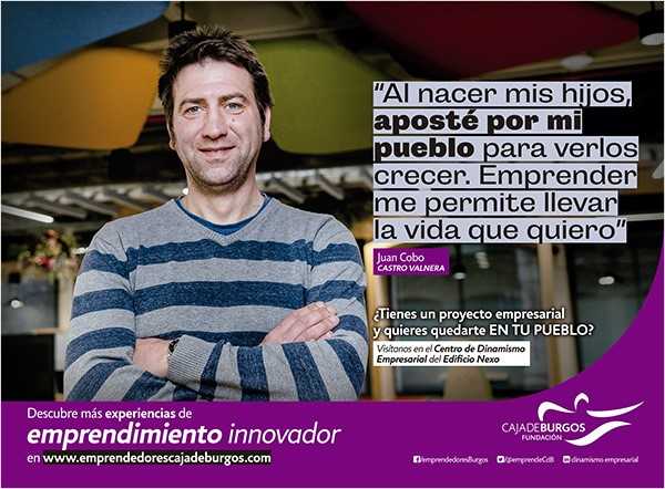 El emprendedor rural, Juan Cobo, en un anuncio instalado en las vallas publicitarias de Burgos durante la campaña La Experiencia de Emprender